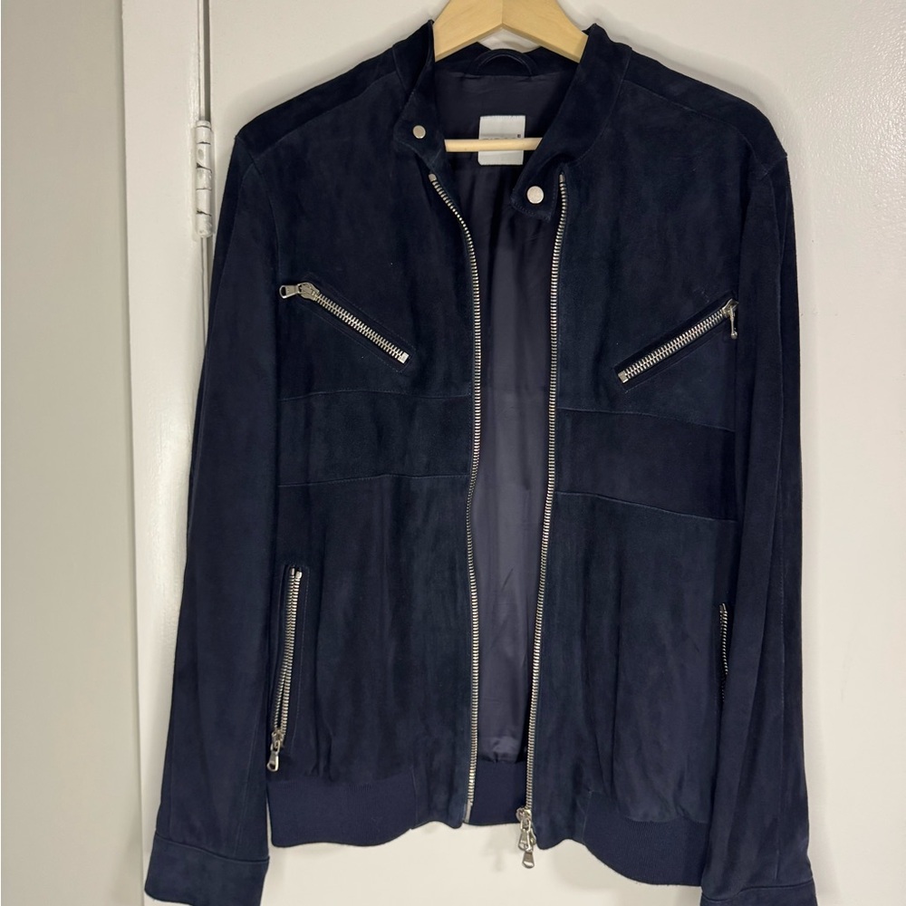 Navy Blue Genuine Suede Leather Zip Front Jacket Silver Hardware Moto Style